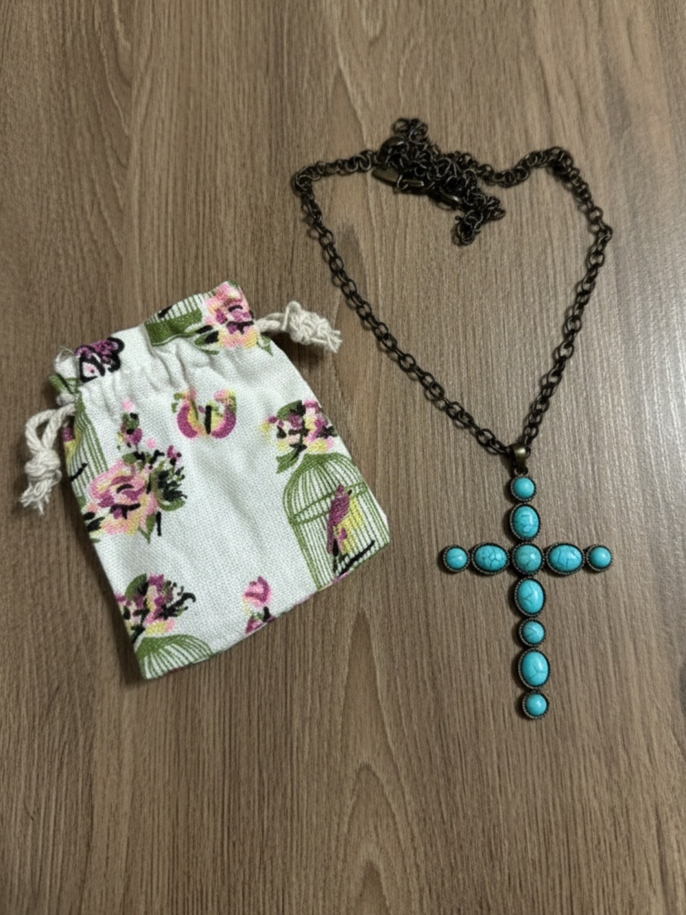Plunder Turquoise Cross Pendant Necklace Bronze Chain Boho pouch